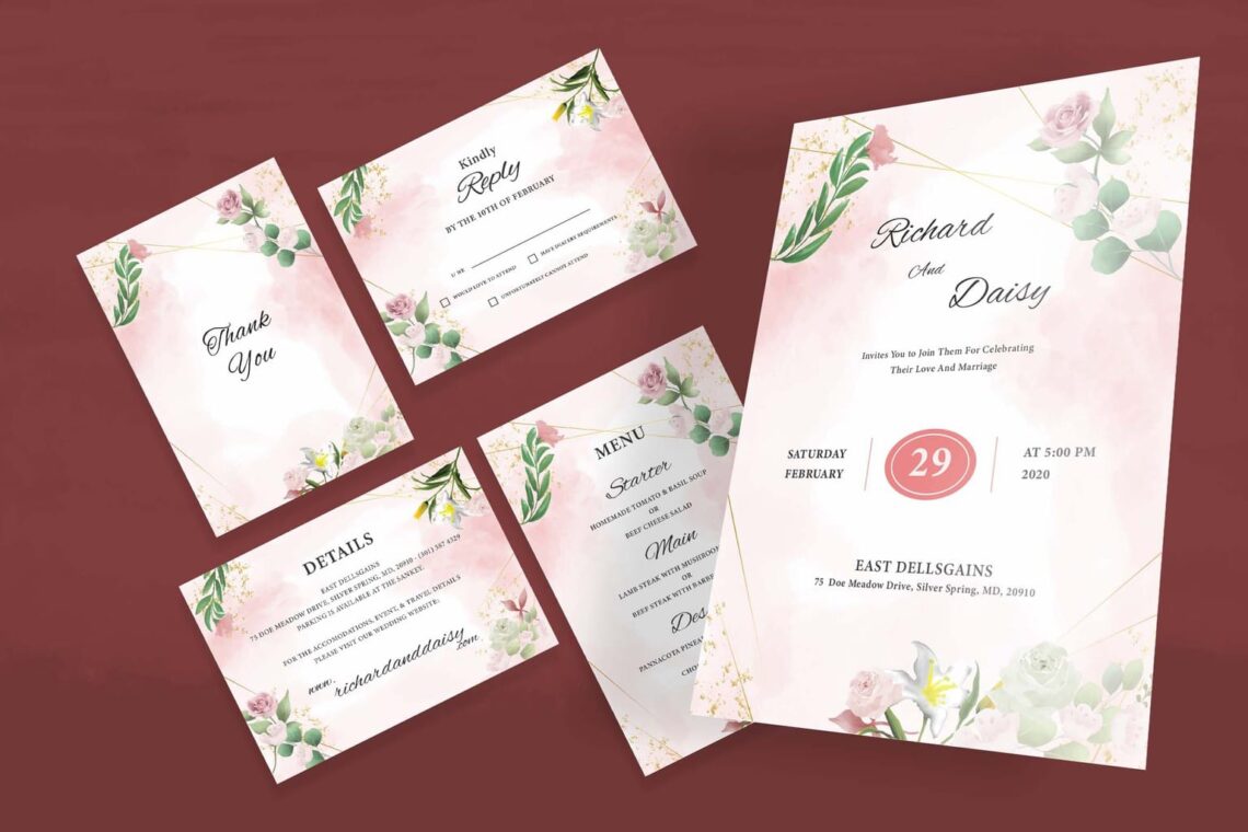 wedding invitation colored blooming flowers 1